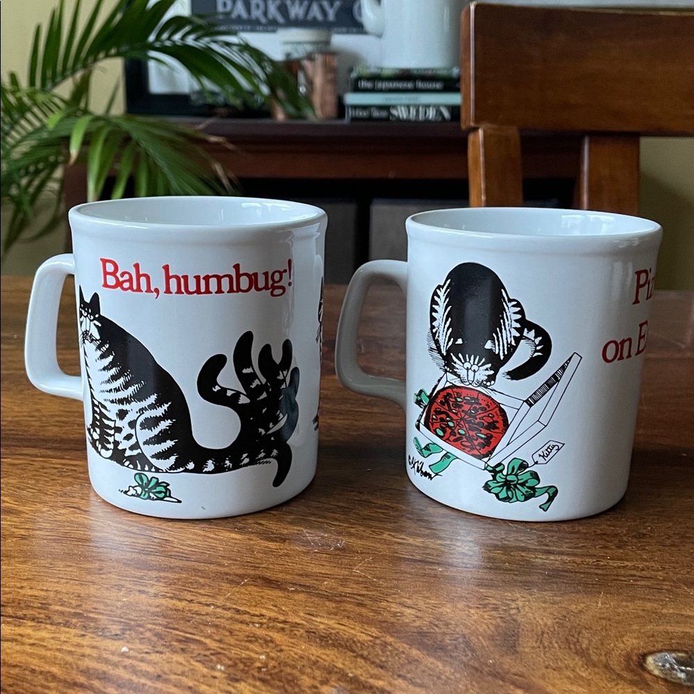 2 Kliban Cat Christmas Themed Coffee Mugs Cups Made in England by Kiln Craft